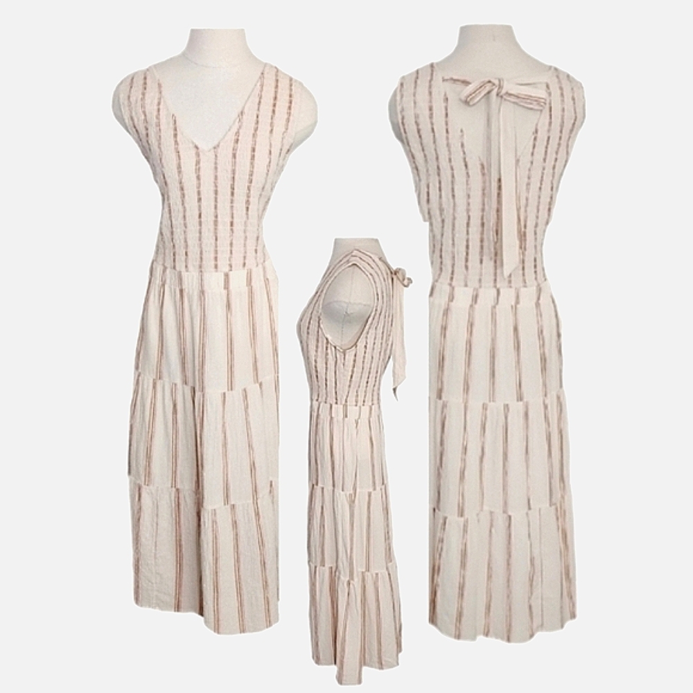 Wonderly Dress Cotton Striped Midi Smocked Bodice & Back Tie Neck Cream Size XL - Picture 14 of 14
